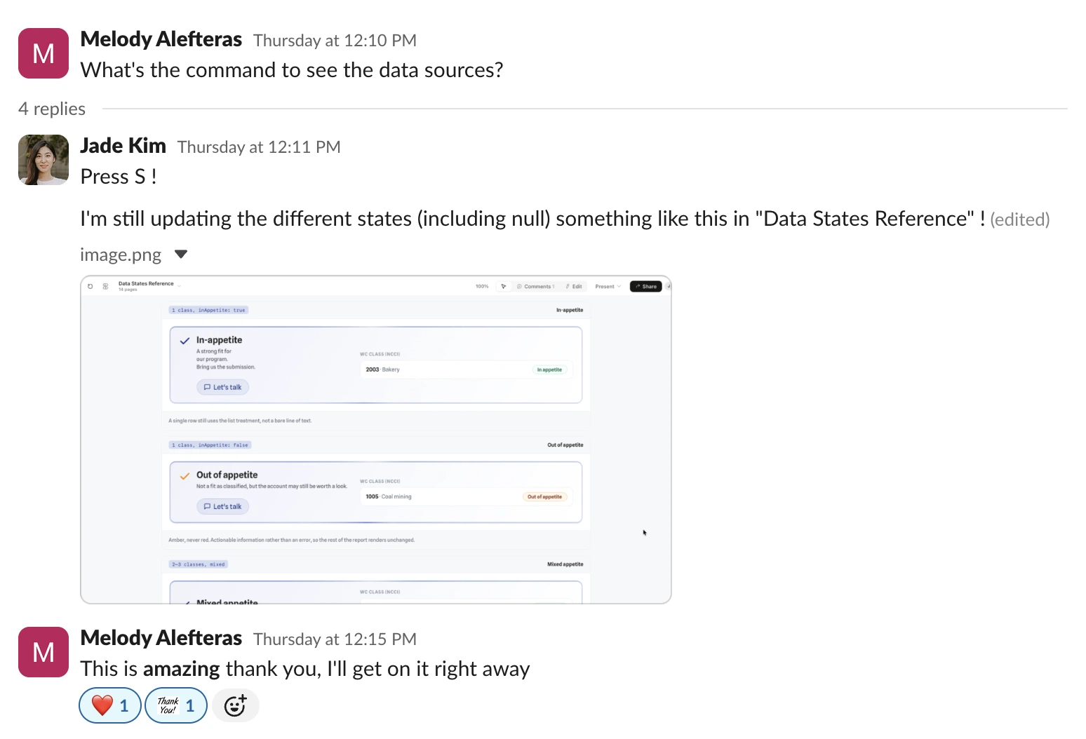Slack thread where an engineer asks for the data sources command and reacts to the states reference