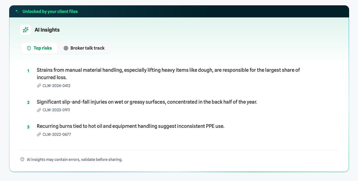 AI Insights component with tabs for top risks and the broker talk track
