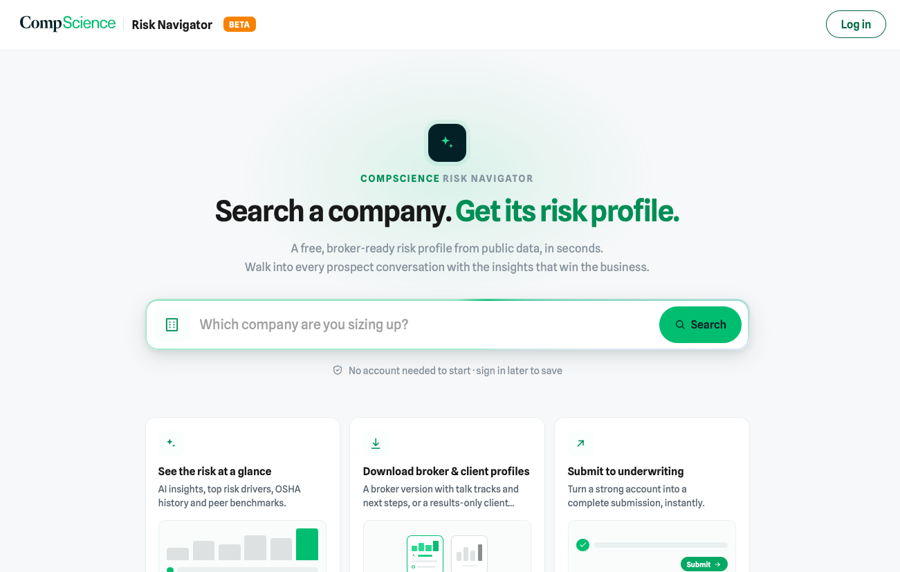 Risk Navigator 2.0 search screen asking which company are you sizing up