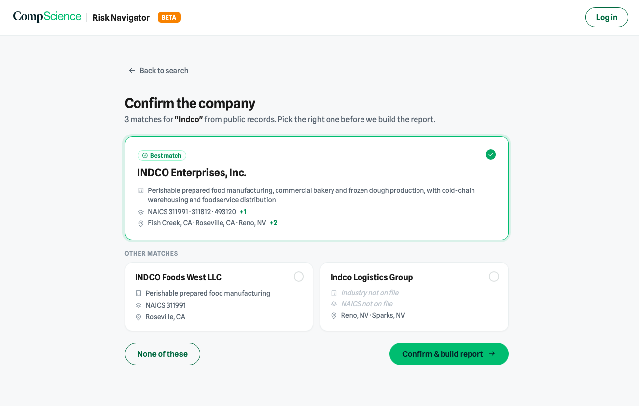 Company confirmation screen showing three matched companies from public records