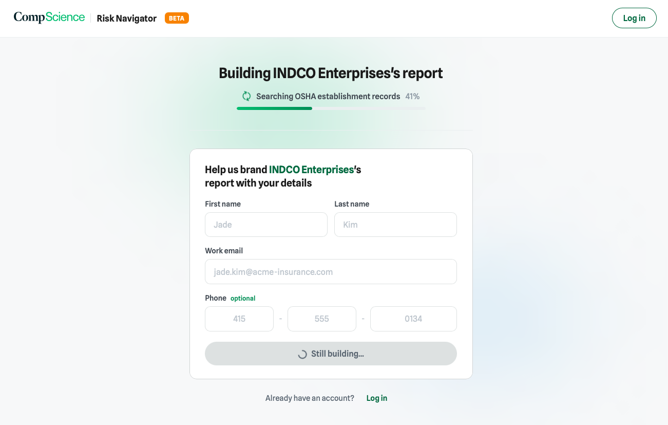 Report building progress with a form collecting the broker name and email