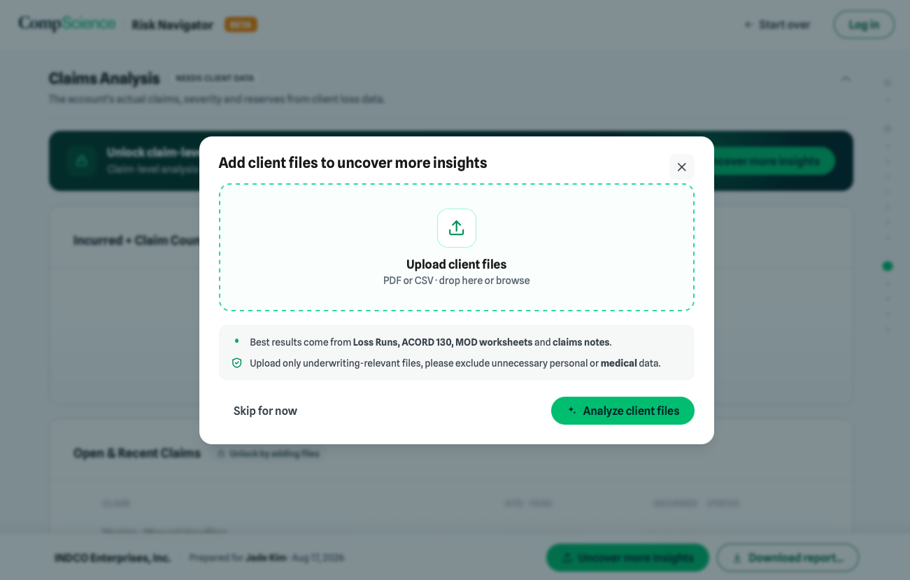 Add client files modal over the dimmed report, with skip for now