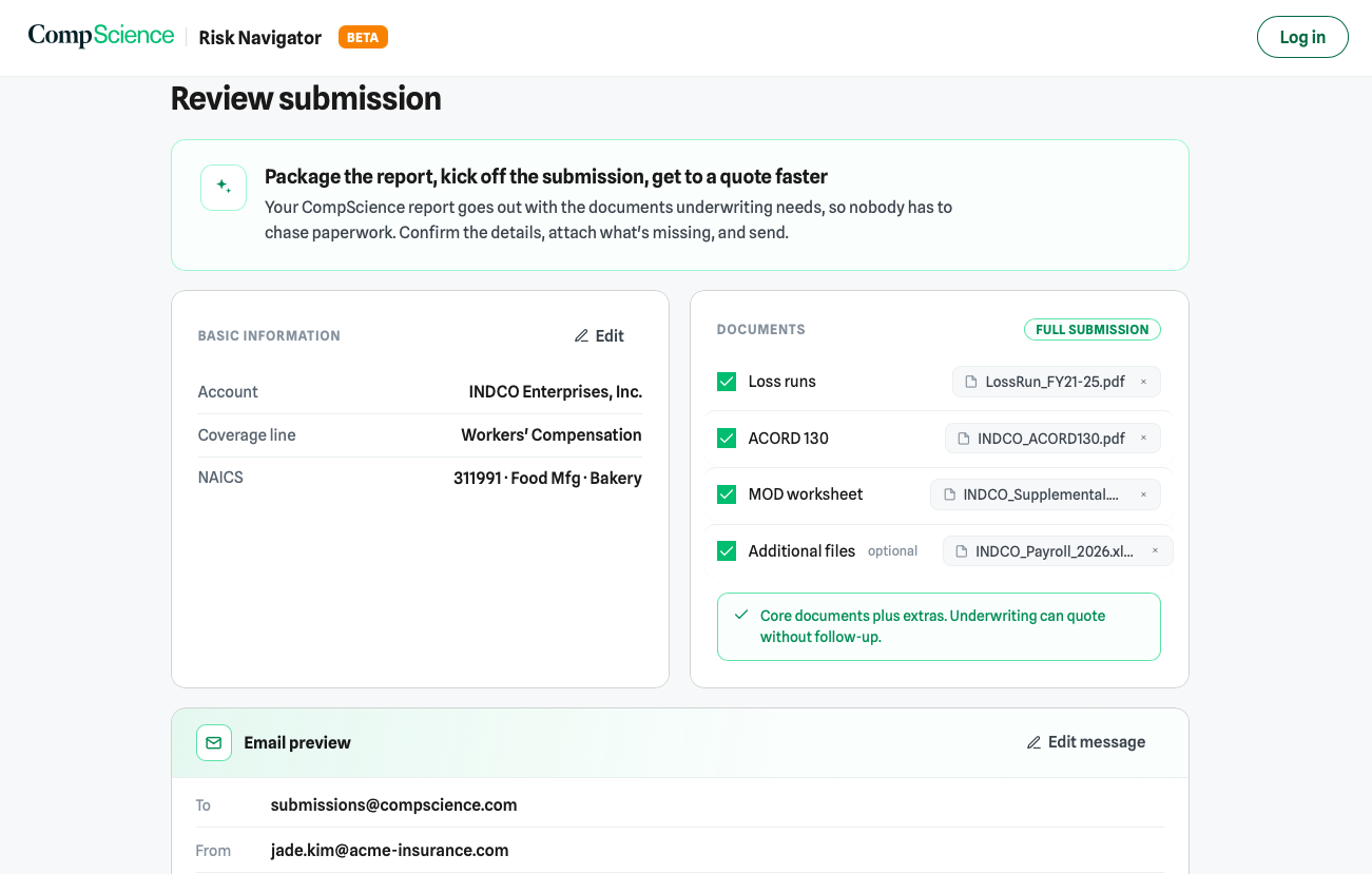 Review submission screen listing the documents included in the package