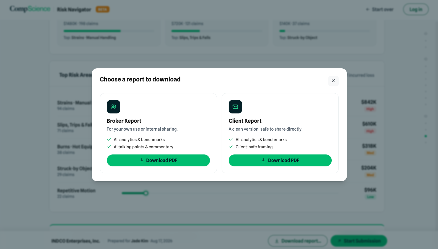 Download modal offering a broker report and a client safe report as PDFs