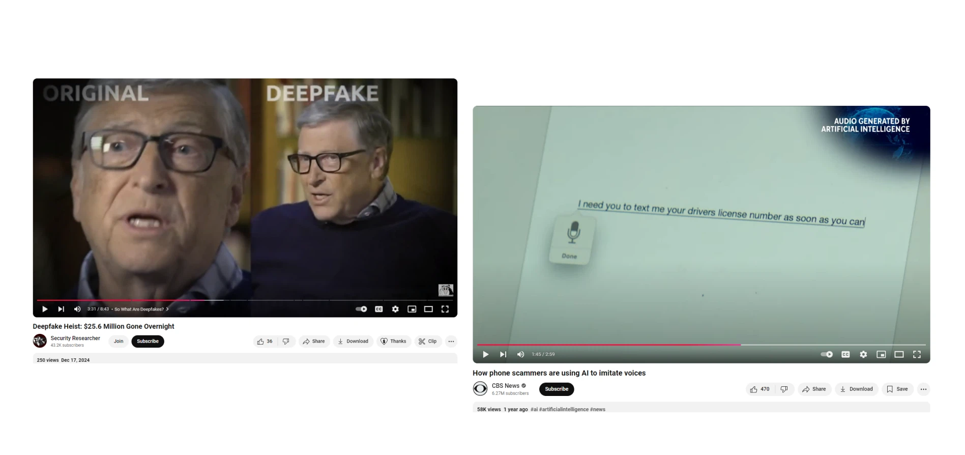 Media research: a deepfake comparison video and a news segment on AI-imitated voices