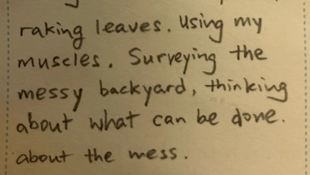 Handwritten diary entry: Raking leaves, using my muscles