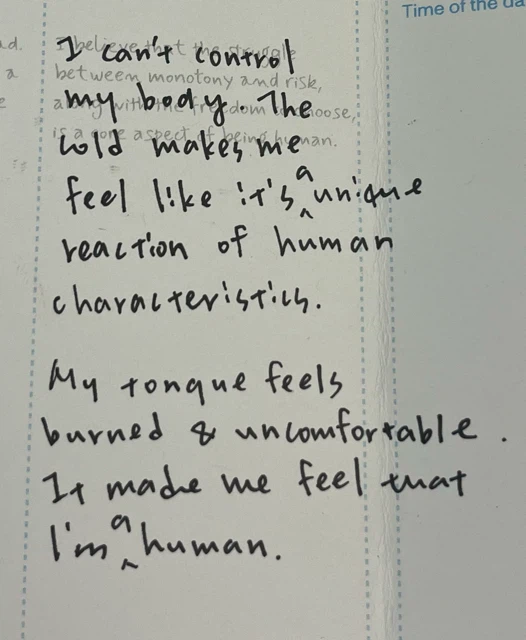 Handwritten diary entry: The cold, and a burned tongue